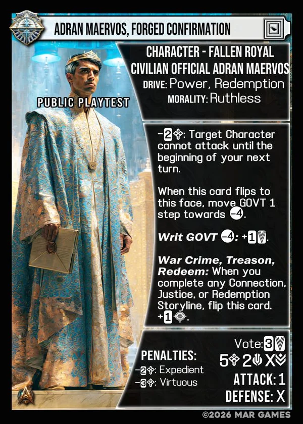 Adran Maervos, Forged Confirmation card