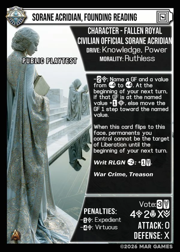Sorane Acridian, Founding Reading card