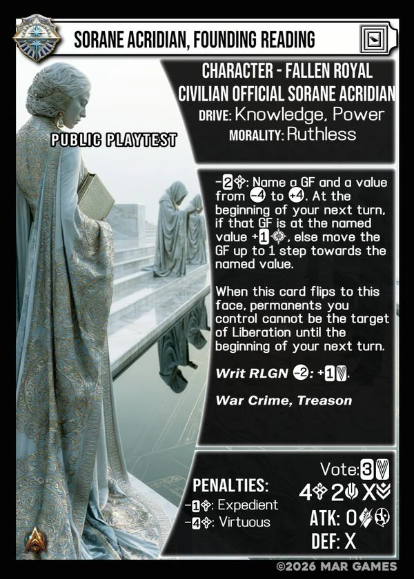 Sorane Acridian, Founding Reading card